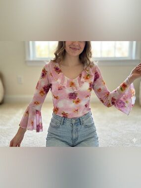 Vintage stretchy gauzy pink floral ruffle top 3/4 sleeve festival coquette sz XS